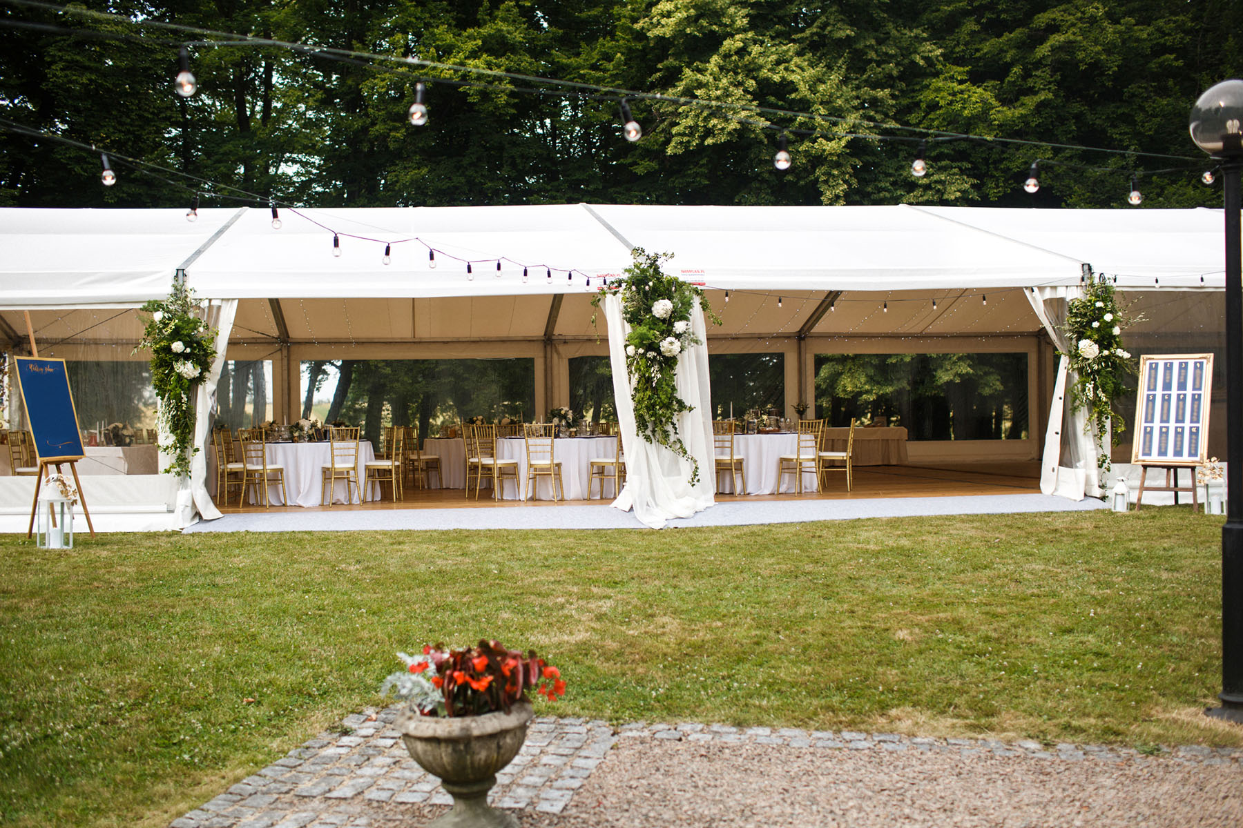 Event Table & Chair Hire | Long white tent for wedding party in the woods | GN Marquee & Tent Hire